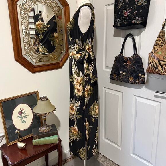 VTG 90s Maggy L Black, Yellow & Green 100% Silk Tropical Floral Wrap Midi Dress - Picture 4 of 8